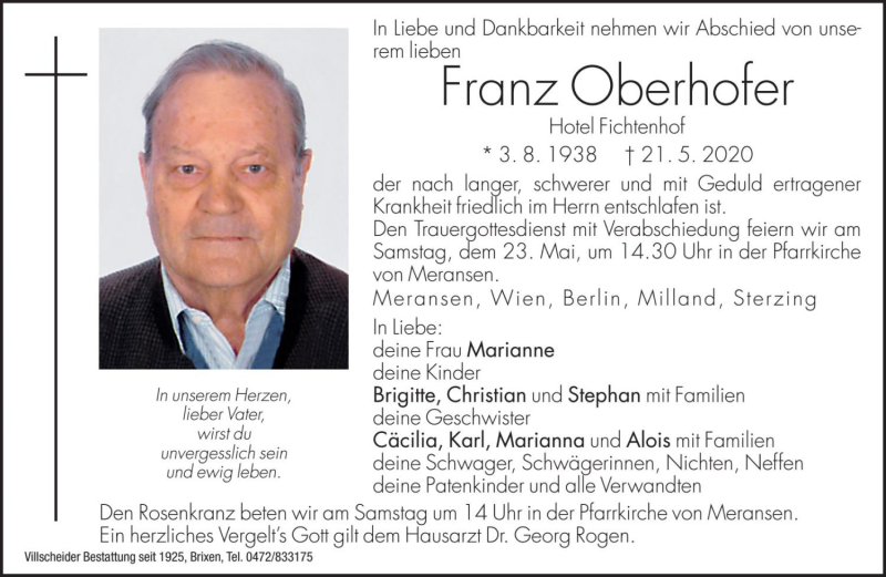  Traueranzeige für Franz Oberhofer vom 22.05.2020 aus Dolomiten