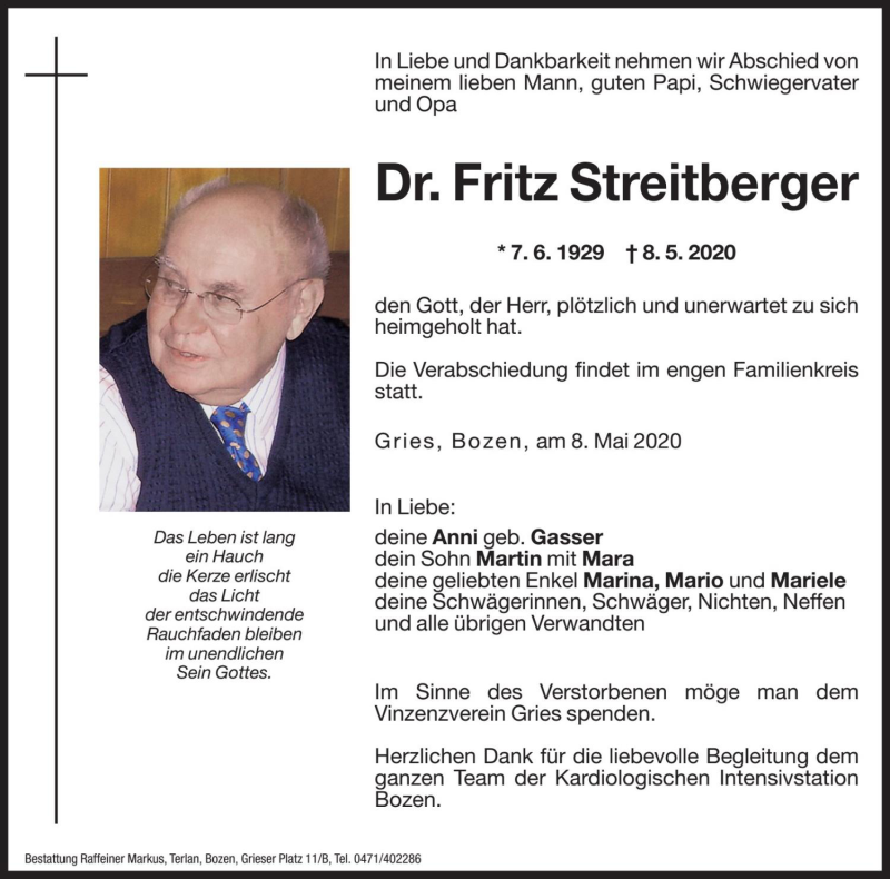  Traueranzeige für Fritz Streitberger vom 09.05.2020 aus Dolomiten