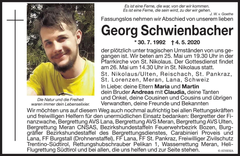  Traueranzeige für Georg Schwienbacher vom 23.05.2020 aus Dolomiten