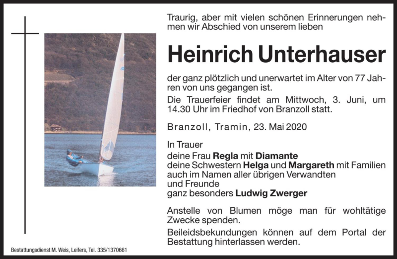  Traueranzeige für Heinrich Unterhauser vom 29.05.2020 aus Dolomiten