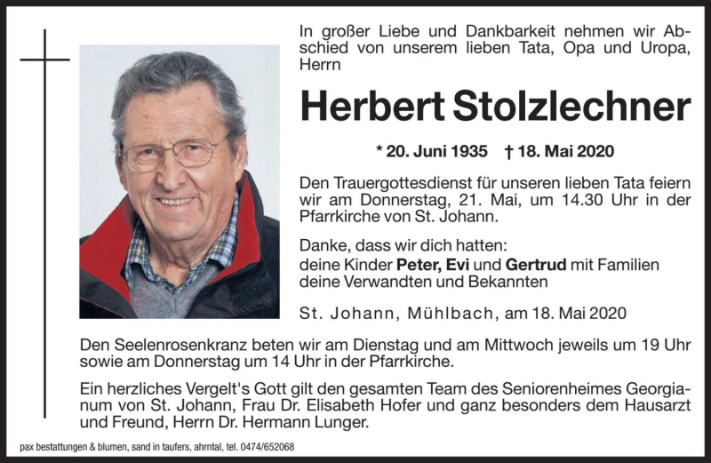  Traueranzeige für Herbert Stolzlechner vom 19.05.2020 aus Dolomiten