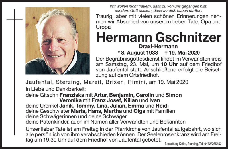  Traueranzeige für Hermann Gschnitzer vom 22.05.2020 aus Dolomiten