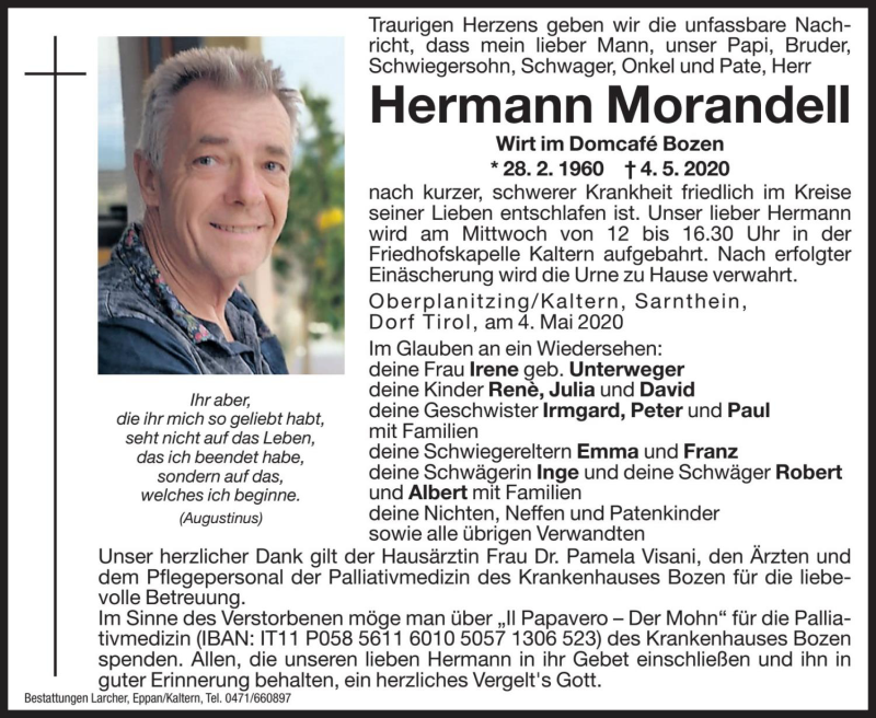  Traueranzeige für Hermann Morandell vom 06.05.2020 aus Dolomiten