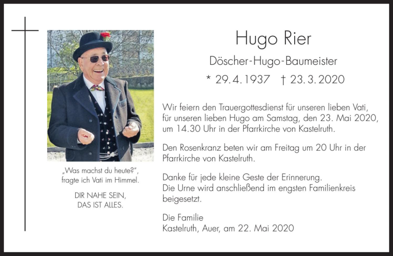  Traueranzeige für Hugo Rier vom 22.05.2020 aus Dolomiten