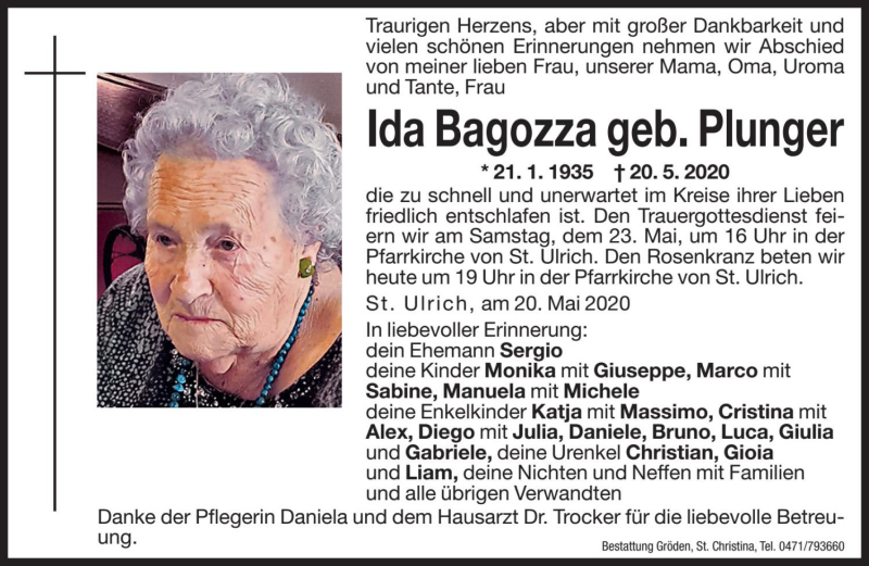  Traueranzeige für Ida Bagozza vom 22.05.2020 aus Dolomiten