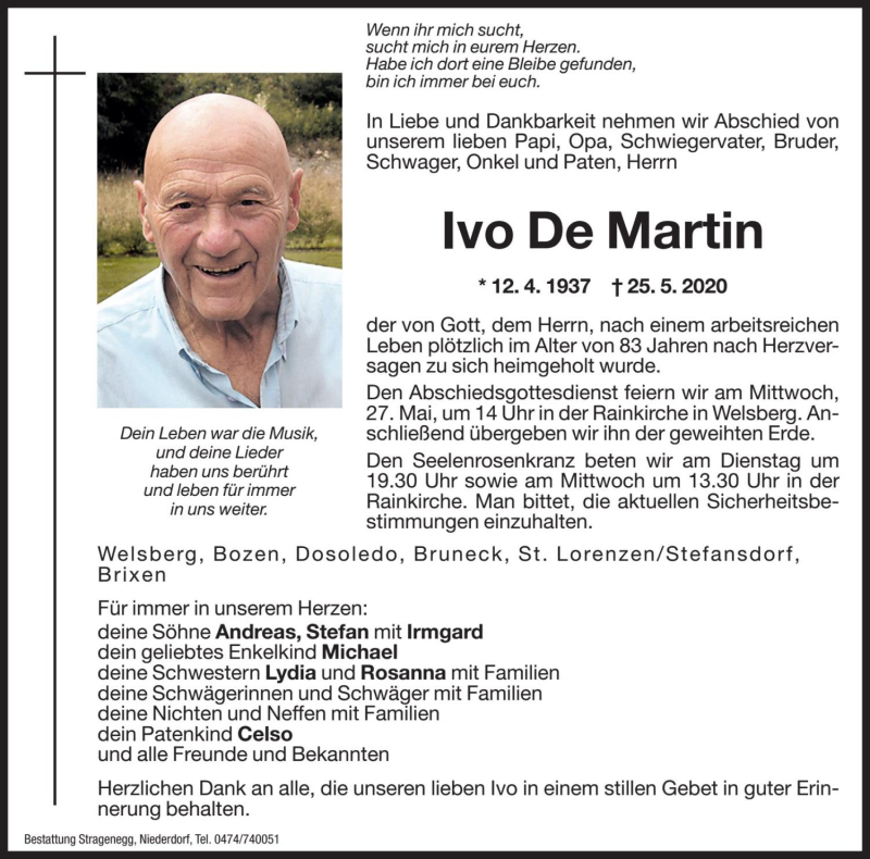  Traueranzeige für Ivo De Martin vom 26.05.2020 aus Dolomiten