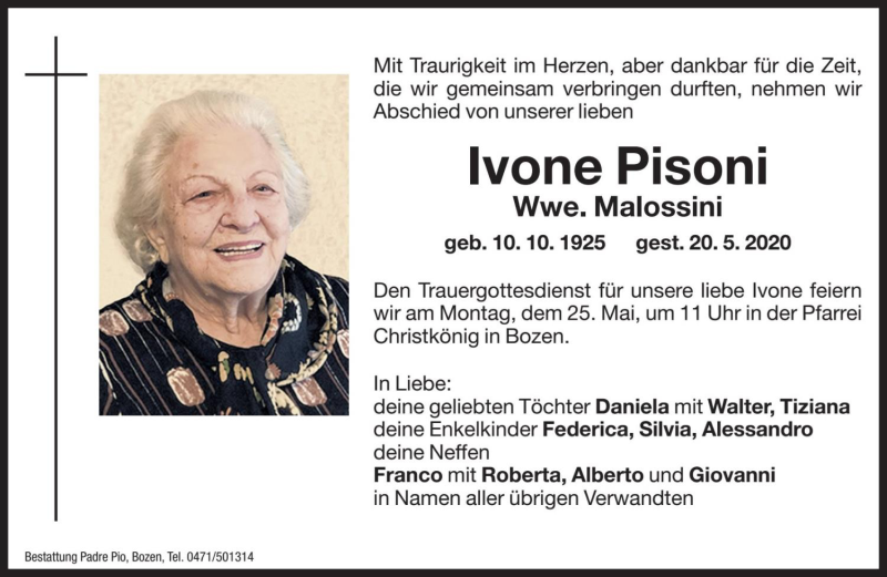  Traueranzeige für Ivone Malossini vom 23.05.2020 aus Dolomiten