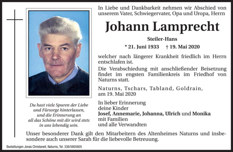  Traueranzeige für Johann Lamprecht vom 22.05.2020 aus Dolomiten