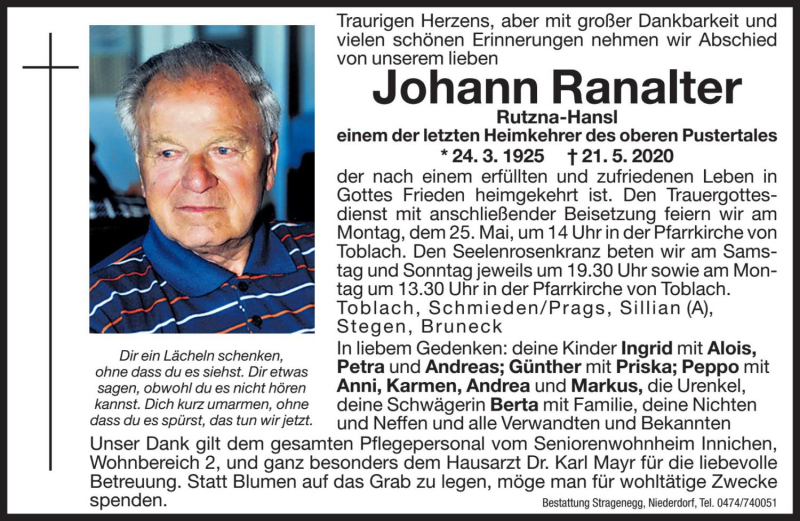  Traueranzeige für Johann Ranalter vom 22.05.2020 aus Dolomiten