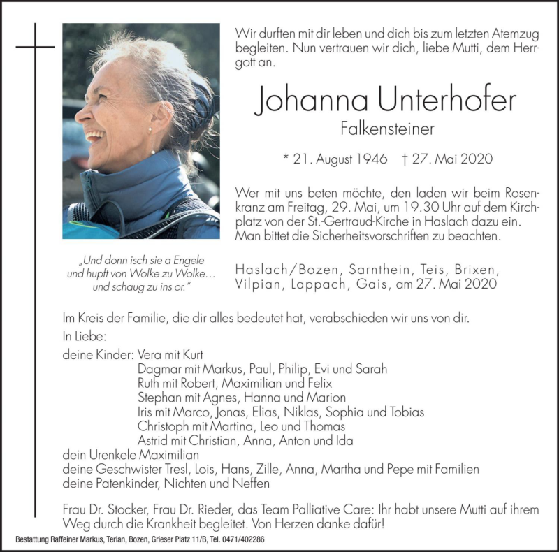  Traueranzeige für Johanna Falkensteiner vom 28.05.2020 aus Dolomiten