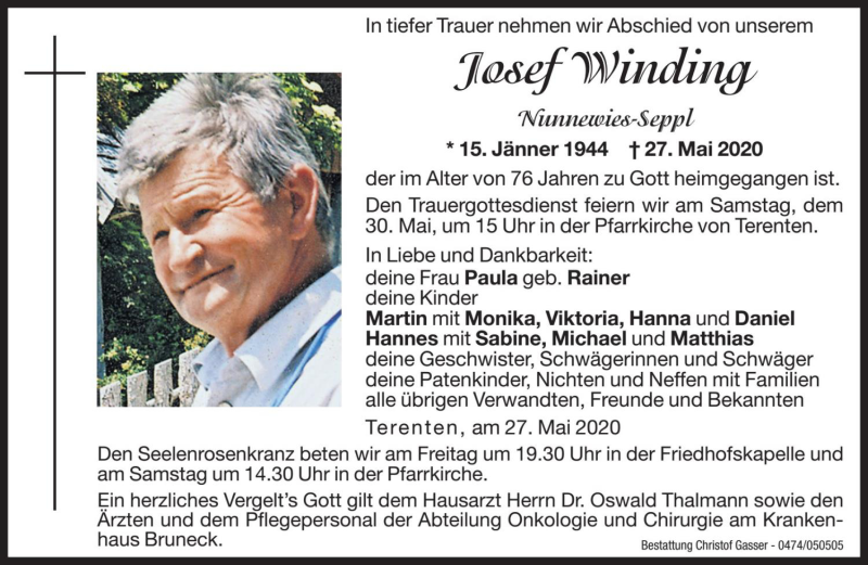  Traueranzeige für Josef Winding vom 29.05.2020 aus Dolomiten