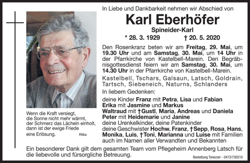  Traueranzeige für Karl Eberhöfer vom 29.05.2020 aus Dolomiten