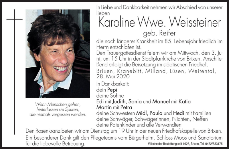  Traueranzeige für Karoline Weissteiner vom 30.05.2020 aus Dolomiten