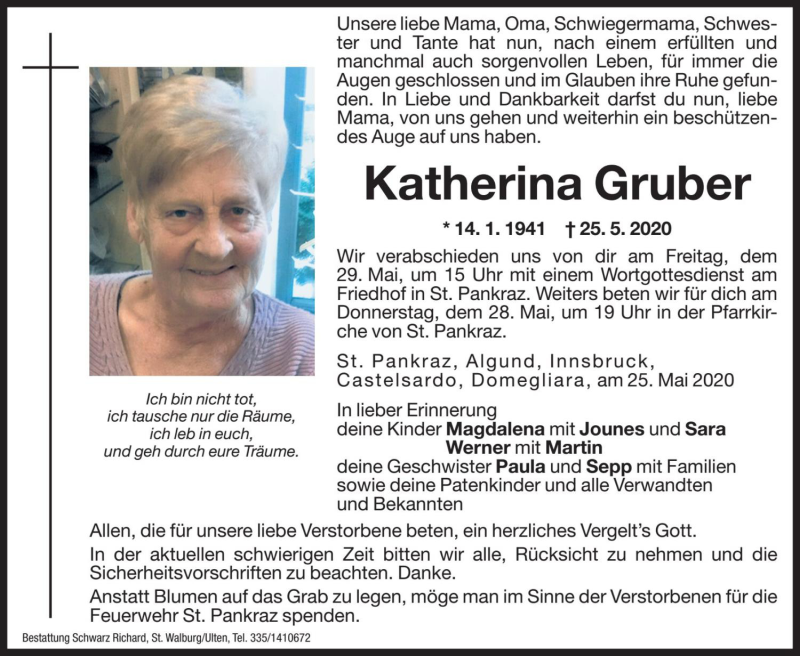 Traueranzeige für Katherina Gruber vom 28.05.2020 aus Dolomiten