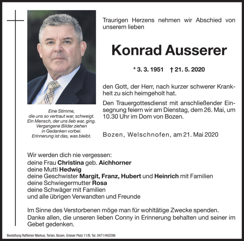  Traueranzeige für Konrad Ausserer vom 23.05.2020 aus Dolomiten