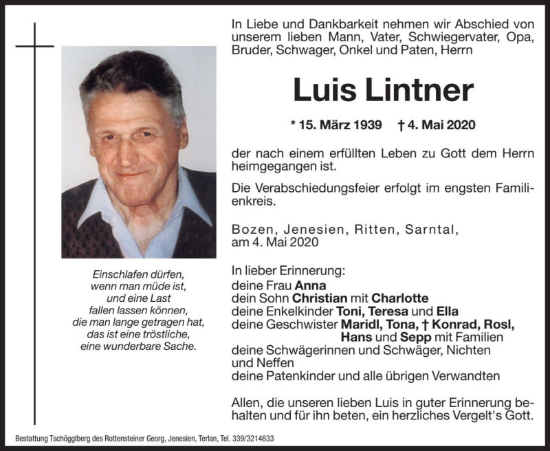 Traueranzeige für Luis Lintner vom 06.05.2020 aus Dolomiten