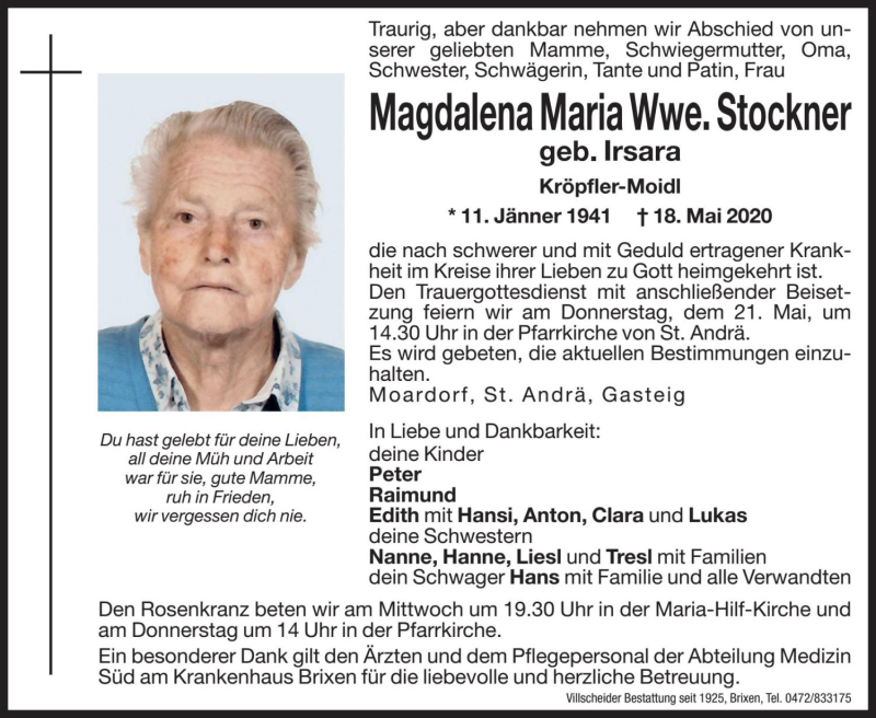  Traueranzeige für Magdalena Maria Stockner vom 20.05.2020 aus Dolomiten