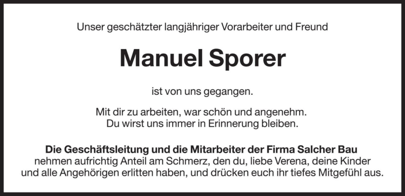  Traueranzeige für Manuel Sporer vom 26.05.2020 aus Dolomiten
