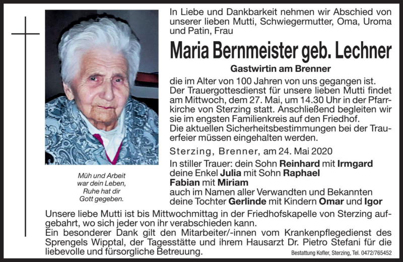  Traueranzeige für Maria Bernmeister vom 26.05.2020 aus Dolomiten