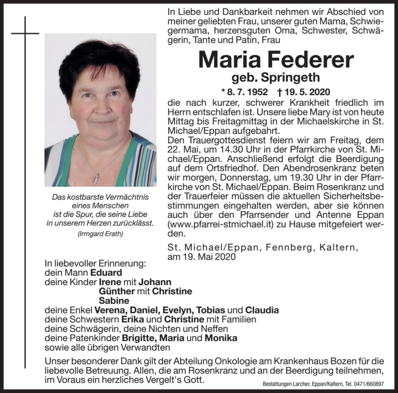  Traueranzeige für Maria Federer vom 20.05.2020 aus Dolomiten