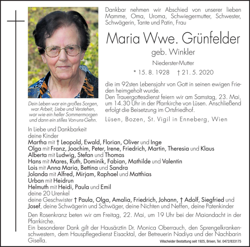  Traueranzeige für Maria Grünfelder vom 22.05.2020 aus Dolomiten