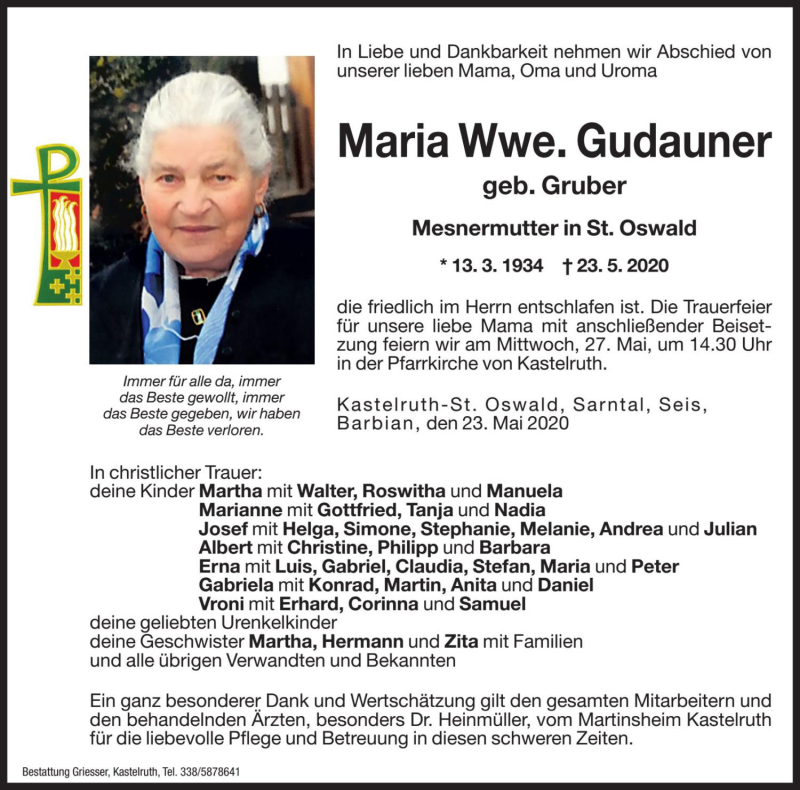  Traueranzeige für Maria Gudauner vom 26.05.2020 aus Dolomiten