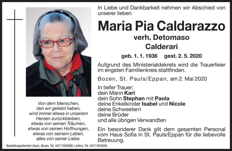  Traueranzeige für Maria Pia Detomaso vom 05.05.2020 aus Dolomiten