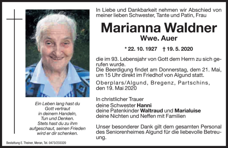  Traueranzeige für Marianna Auer vom 20.05.2020 aus Dolomiten