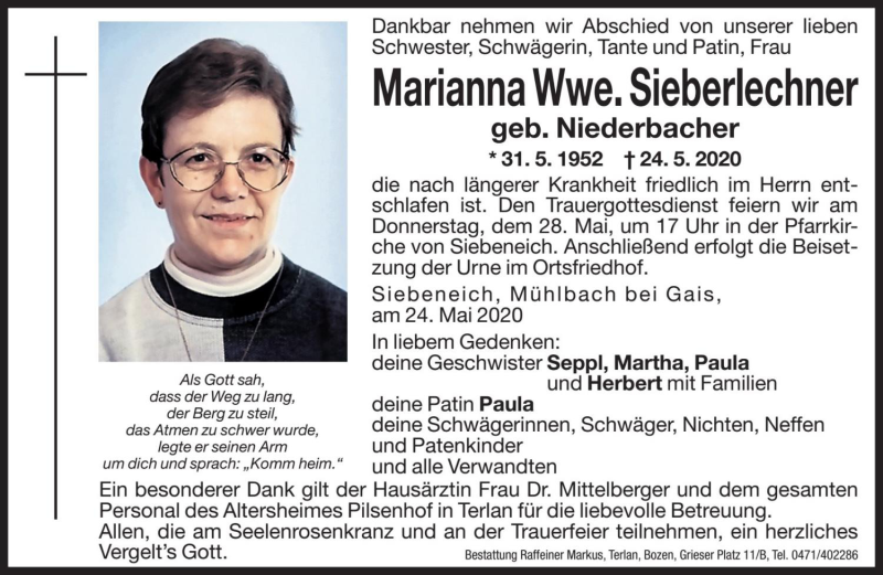  Traueranzeige für Marianna Sieberlechner vom 26.05.2020 aus Dolomiten