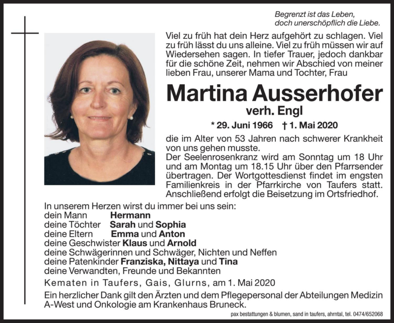  Traueranzeige für Martina Engl vom 04.05.2020 aus Dolomiten