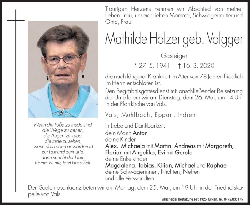  Traueranzeige für Mathilde Holzer vom 22.05.2020 aus Dolomiten