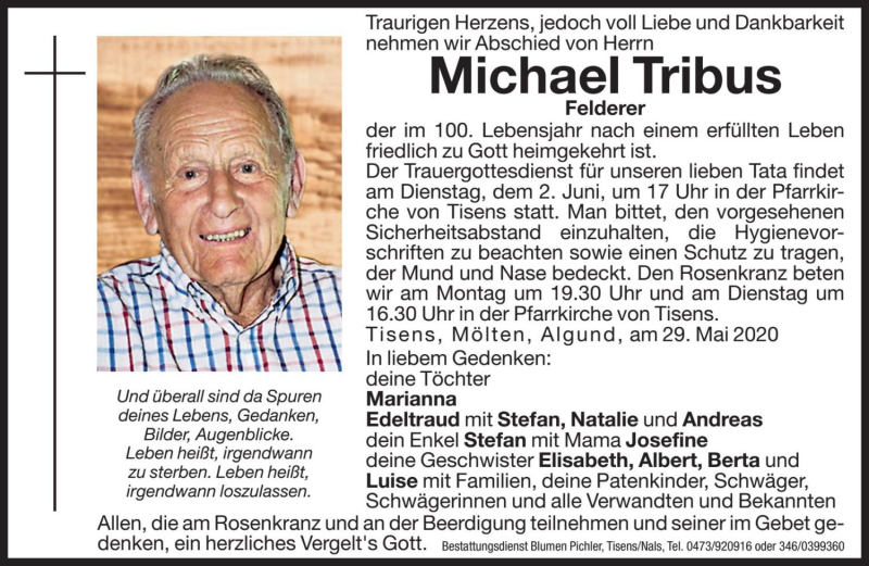 Traueranzeige für Michael Tribus vom 30.05.2020 aus Dolomiten