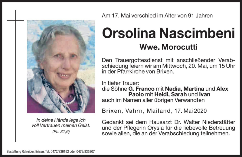  Traueranzeige für Orsolina Morocutti vom 19.05.2020 aus Dolomiten