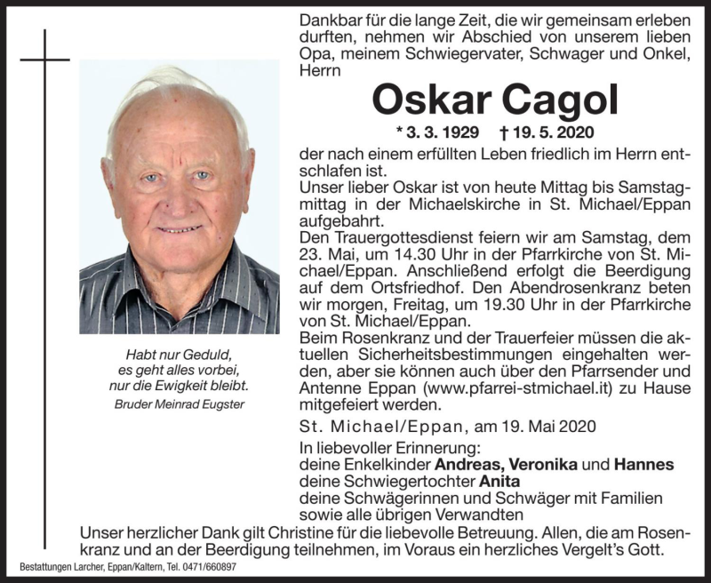  Traueranzeige für Oskar Cagol vom 21.05.2020 aus Dolomiten