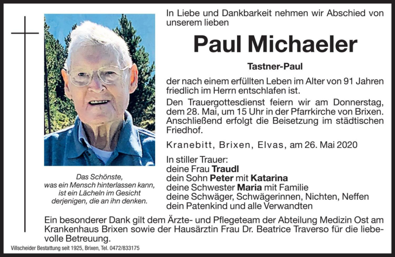  Traueranzeige für Paul Michaeler vom 27.05.2020 aus Dolomiten