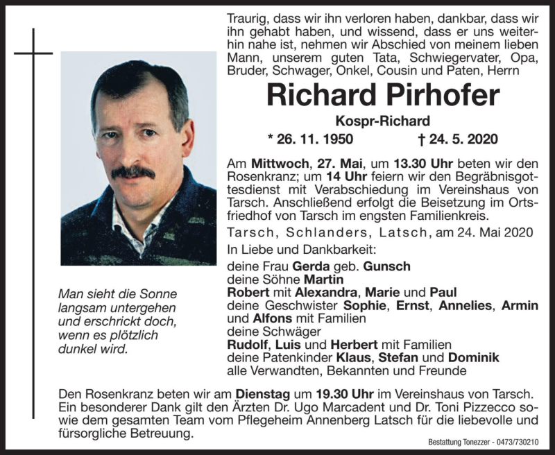  Traueranzeige für Richard Pirhofer vom 26.05.2020 aus Dolomiten