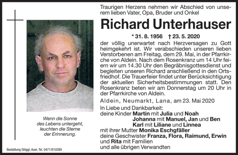  Traueranzeige für Richard Unterhauser vom 27.05.2020 aus Dolomiten
