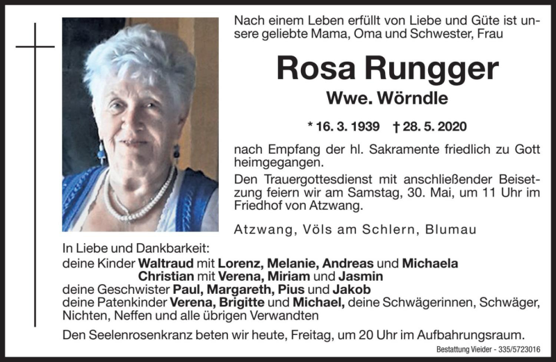  Traueranzeige für Rosa Wörndle vom 29.05.2020 aus Dolomiten