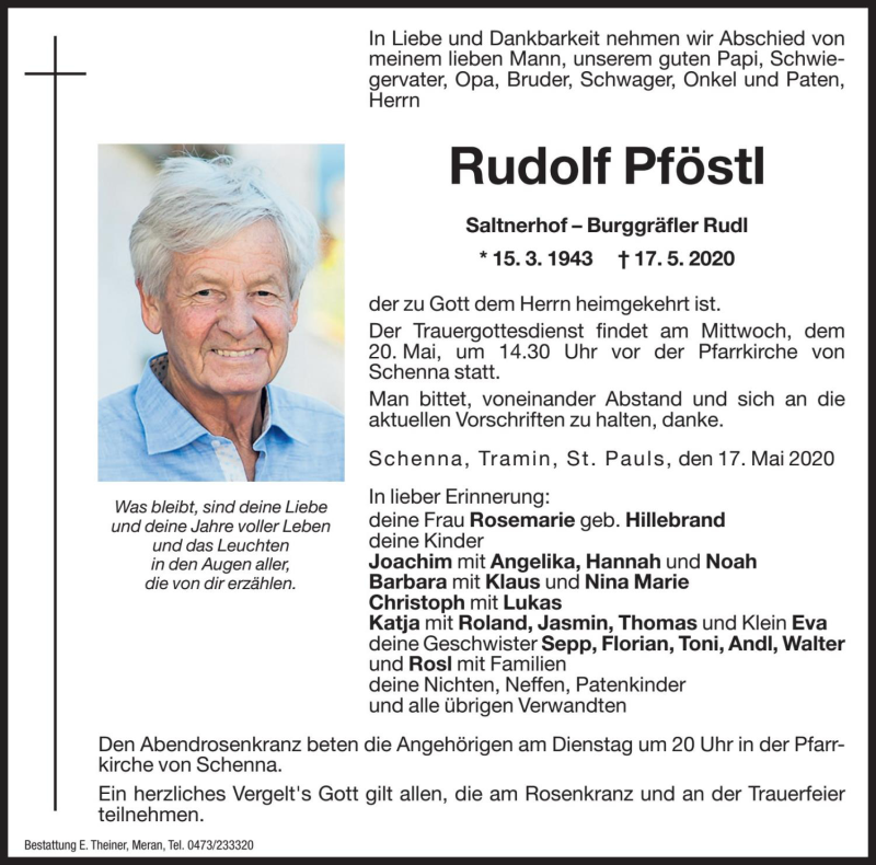  Traueranzeige für Rudolf Pföstl vom 19.05.2020 aus Dolomiten
