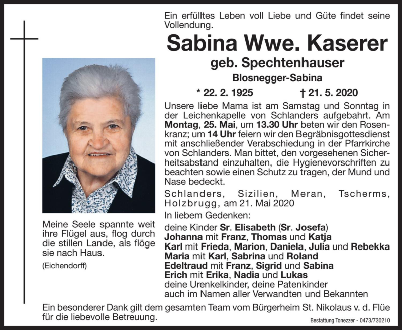  Traueranzeige für Sabina Kaserer vom 22.05.2020 aus Dolomiten