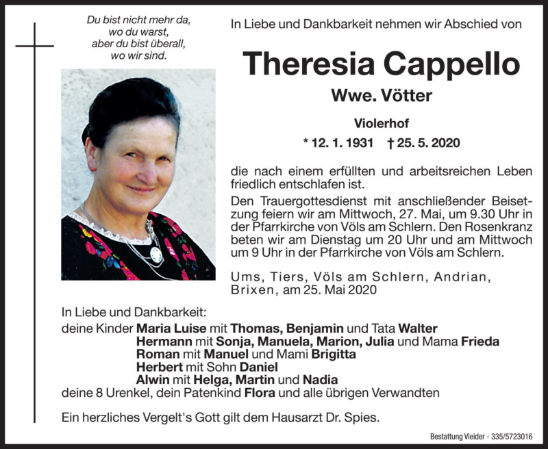  Traueranzeige für Theresia Vötter vom 26.05.2020 aus Dolomiten