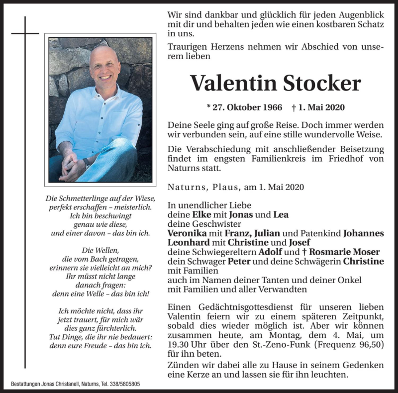  Traueranzeige für Valentin Stocker vom 04.05.2020 aus Dolomiten