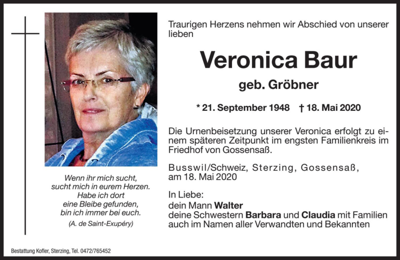  Traueranzeige für Veronica Baur vom 22.05.2020 aus Dolomiten