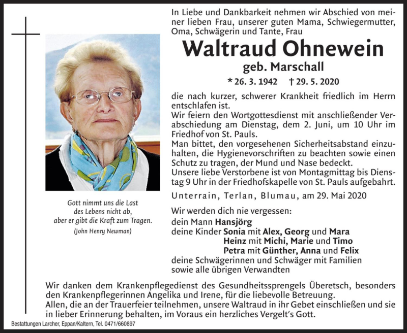  Traueranzeige für Waltraud Ohnewein vom 30.05.2020 aus Dolomiten