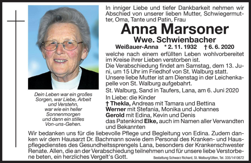  Traueranzeige für Anna Schwienbacher vom 09.06.2020 aus Dolomiten