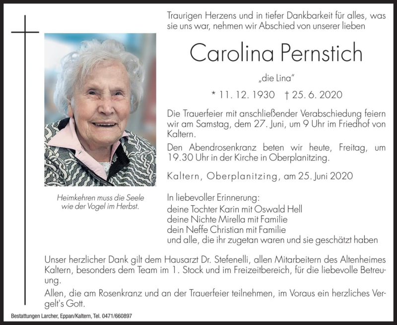  Traueranzeige für Carolina Pernstich vom 26.06.2020 aus Dolomiten