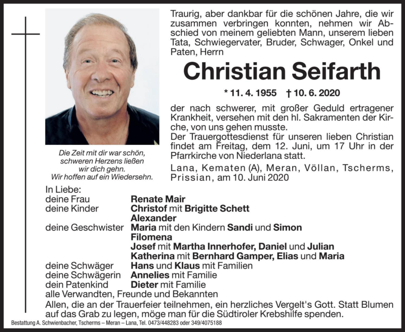  Traueranzeige für Christian Seifarth vom 11.06.2020 aus Dolomiten