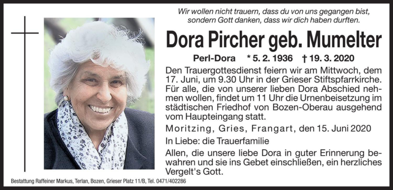  Traueranzeige für Dora Pircher vom 15.06.2020 aus Dolomiten