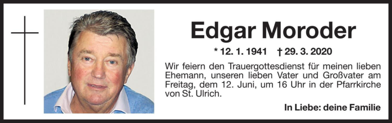  Traueranzeige für Edgar Moroder  vom 09.06.2020 aus Dolomiten