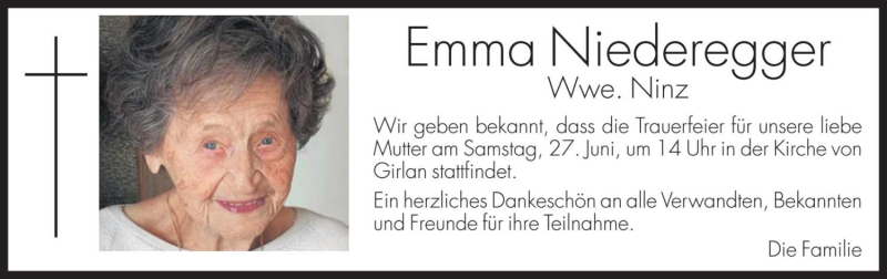  Traueranzeige für Emma Ninz vom 26.06.2020 aus Dolomiten